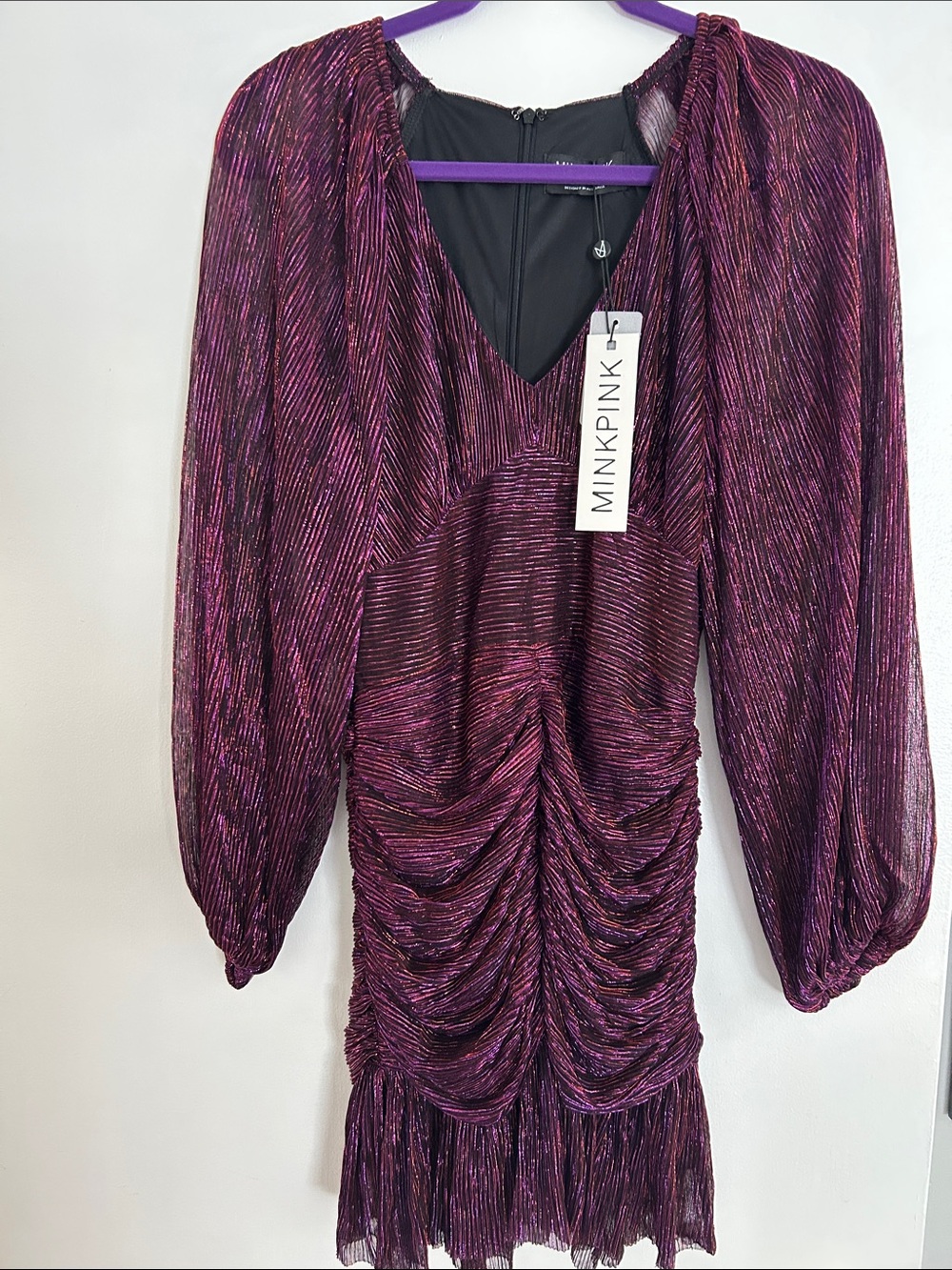 MINKPINK Metallic Purple Ruched Long Sleeve Dress